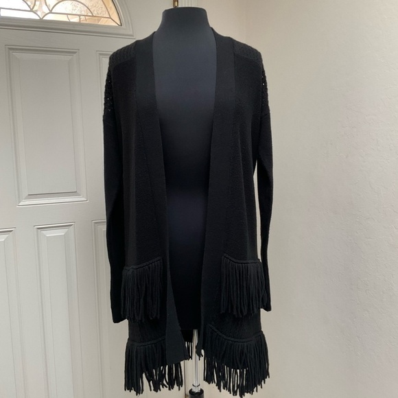 Rebecca Taylor Black Cashmere Wool Blend Fringe Open Front Knit Cardigan - Picture 2 of 12